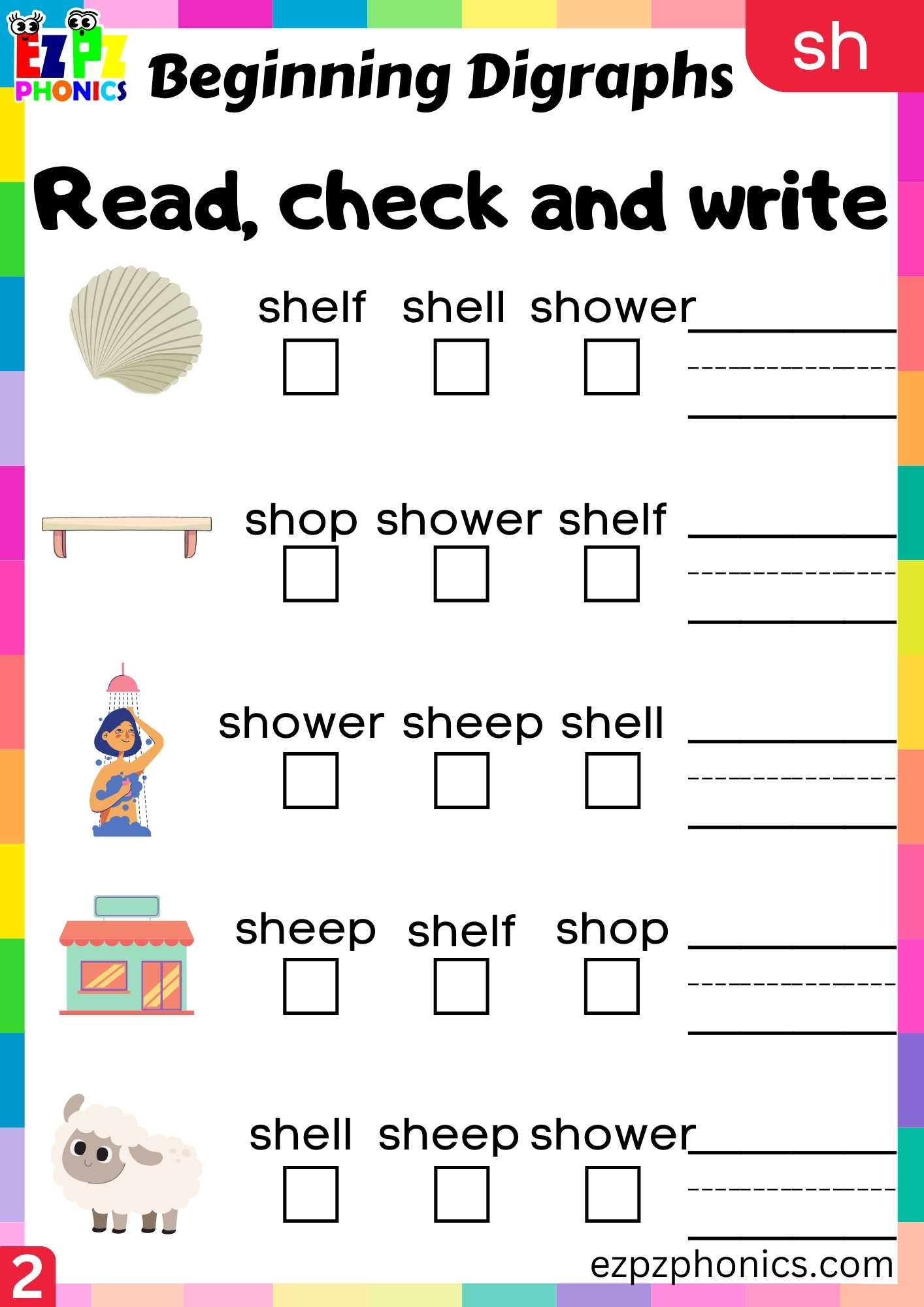 Group2 SH Words Read, Check And Write Consonant Digraphs Phonics Beginning Worksheet